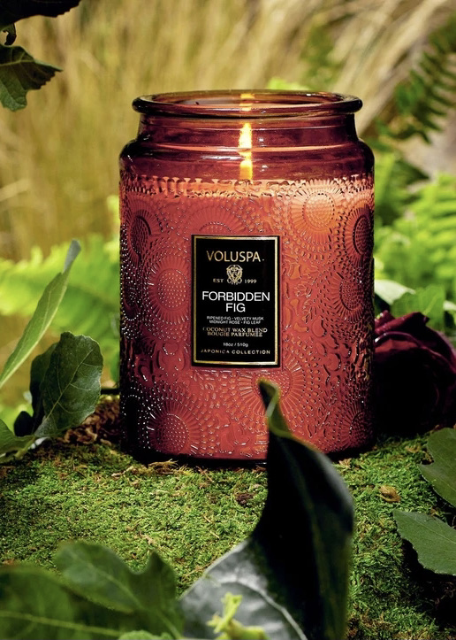 VOLUSPA - Large Embossed Glass Jar Candle Forbidden Fig - Feel Good Store
